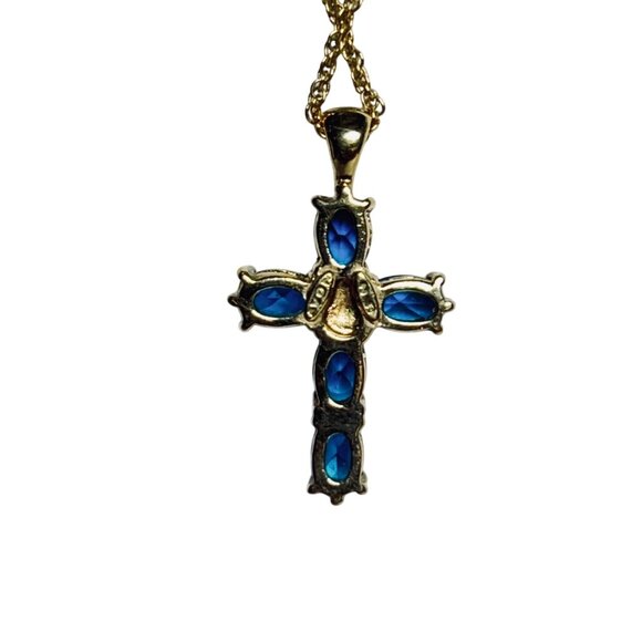 Avon Gold Tone Necklace With Blue & Clear Crystal Cross Pendant Signed NR (5730) - Picture 3 of 8